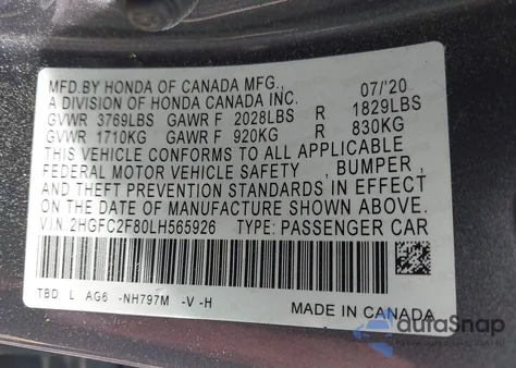 2020 Honda Civic Sport z USA, uszkodzony, nr VIN 2HGFC2F80LH565926